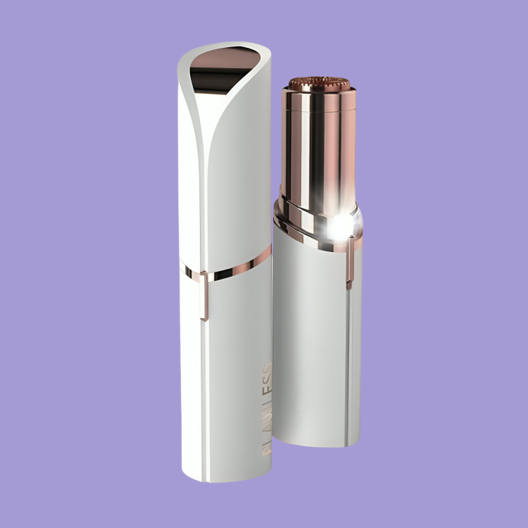 Gleame pain-free facial hair removal tool in sleek white and rose gold design with protective cap