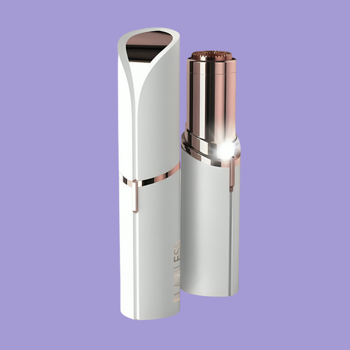 Gleame pain-free facial hair removal tool in sleek white and rose gold design with protective cap