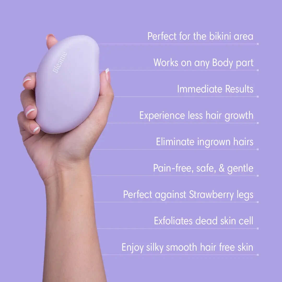 Gleame pain-free hair removal tool in lavender held in hand with benefits listed on purple background